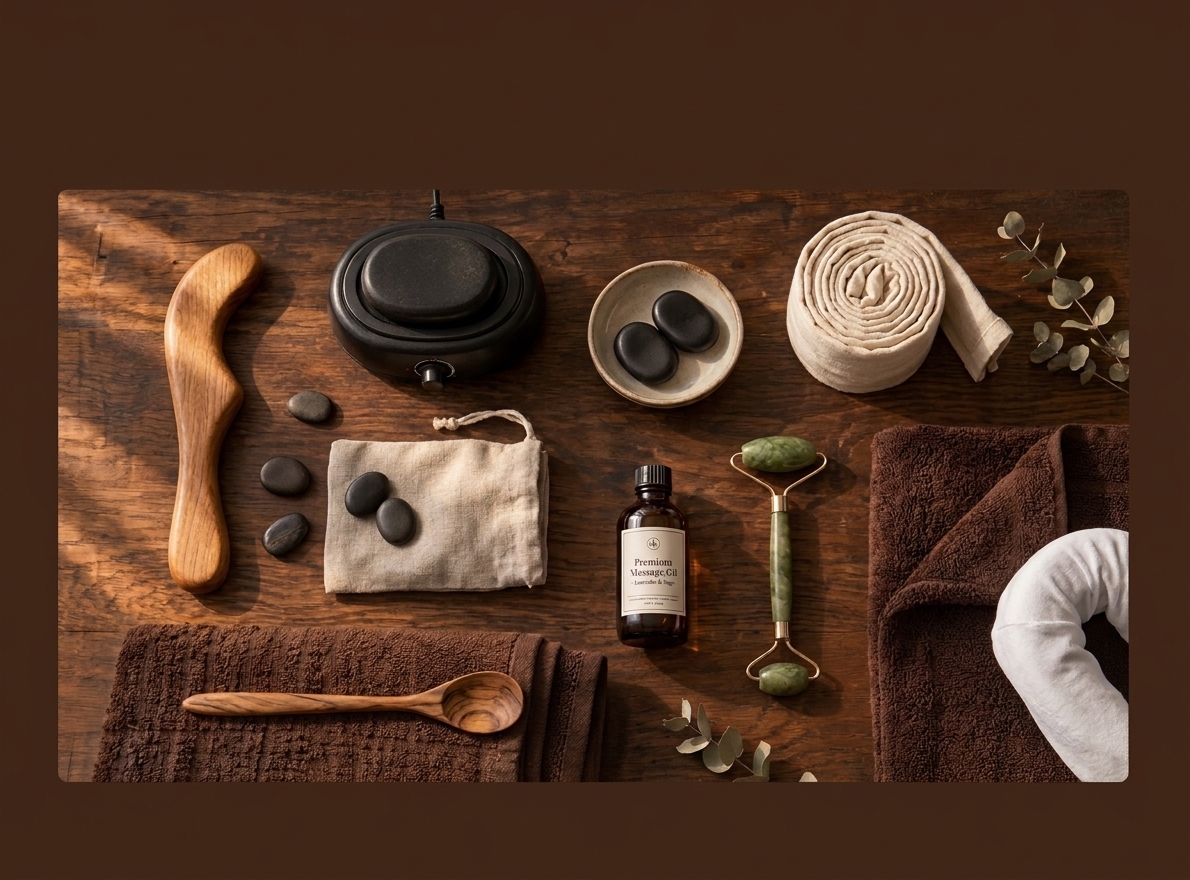 Massage tools arranged on a wooden table, including a massage stick, heated stone warmer, stones, towels, massage oil, and a jade roller